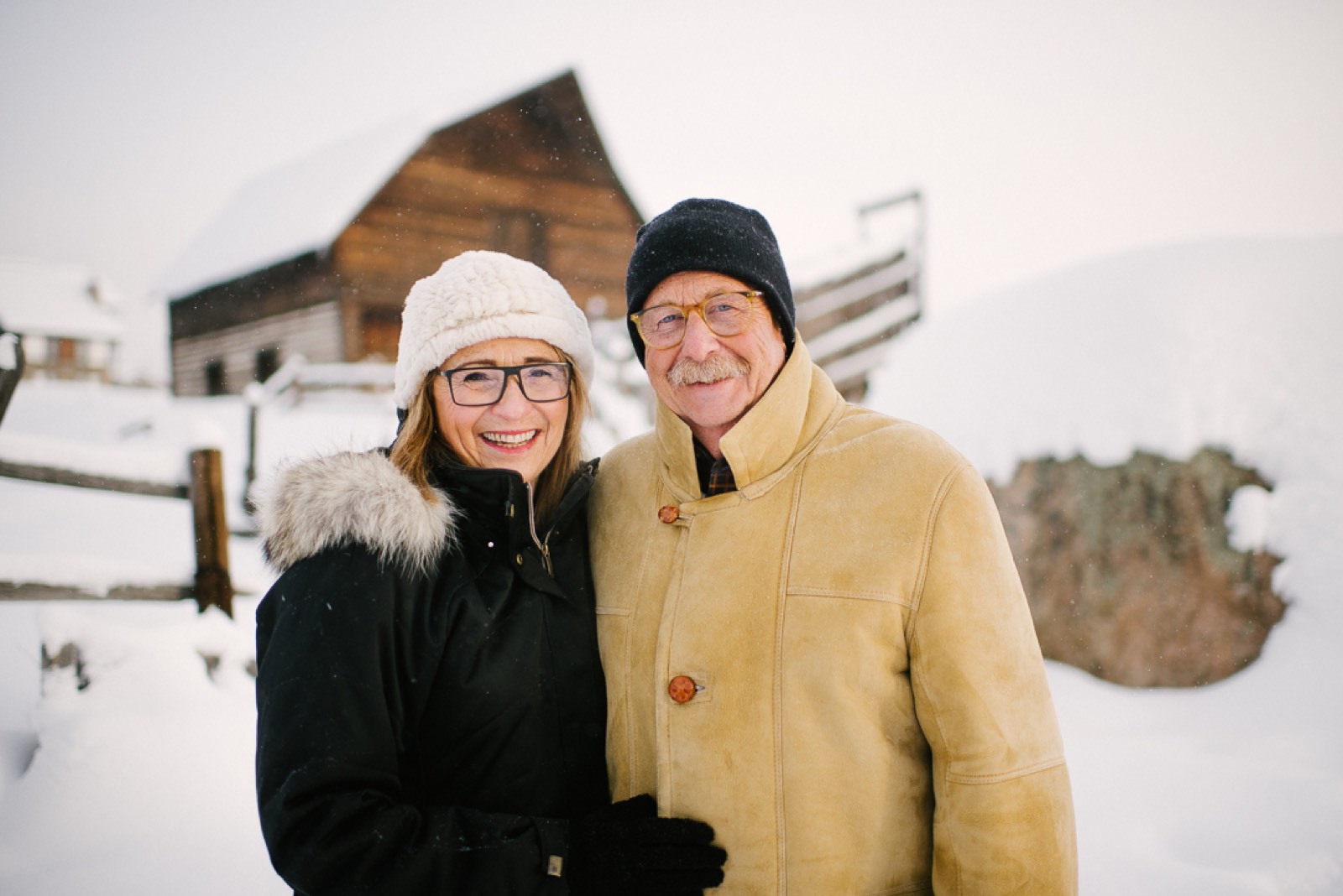 Grandparents winter portrait in snowy Steamboat Springs Colorado